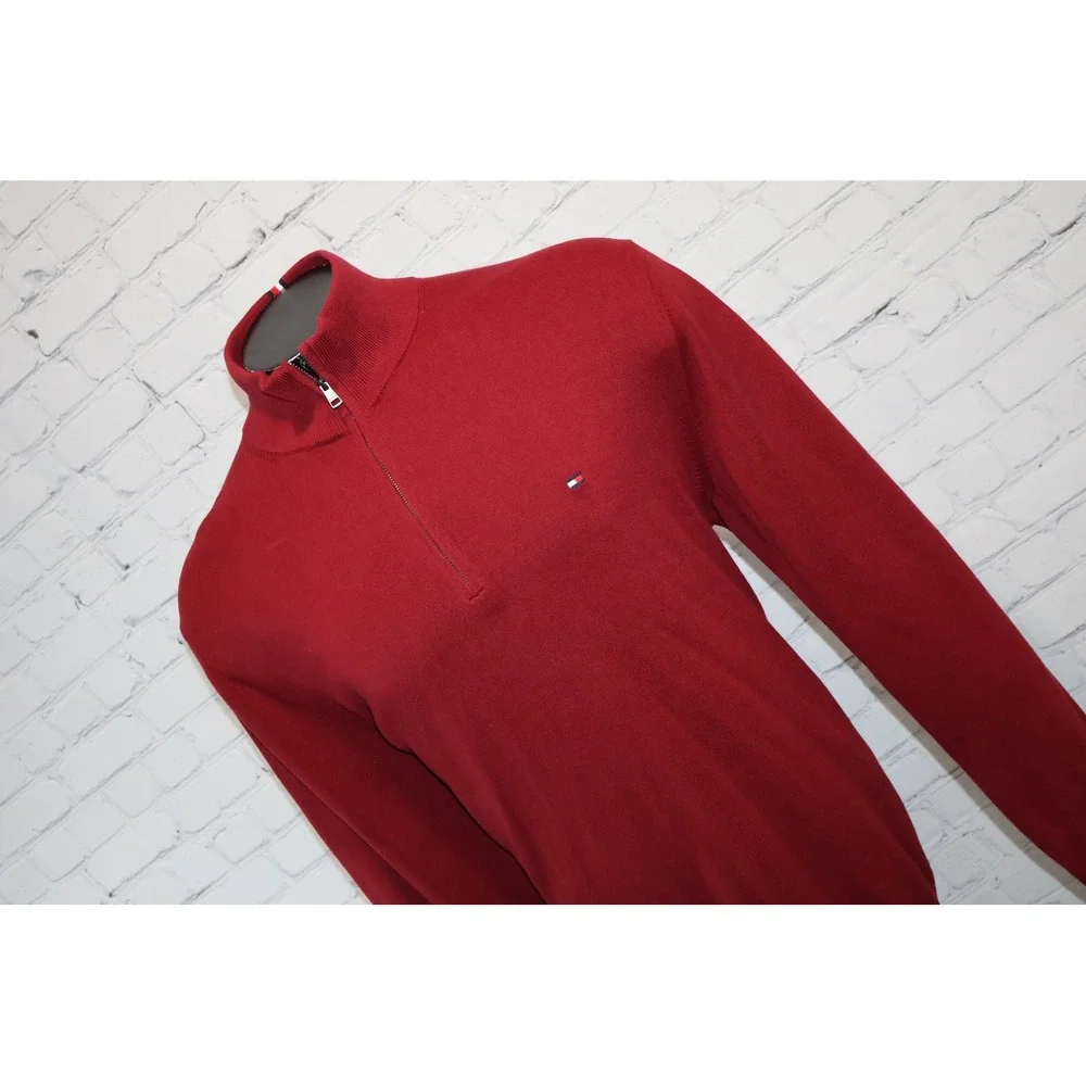 Tommy Hilfiger Sweater Mens XXL Red 1/4 Zip Cotton Pullover Logo Mock Neck